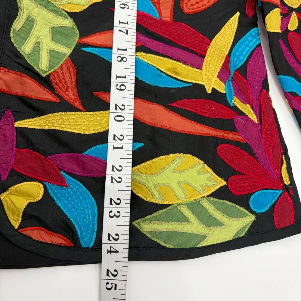 Chicos Silk Embroidered Floral Applique Jacket Black Multicolor SZ 0 /‎ US Small